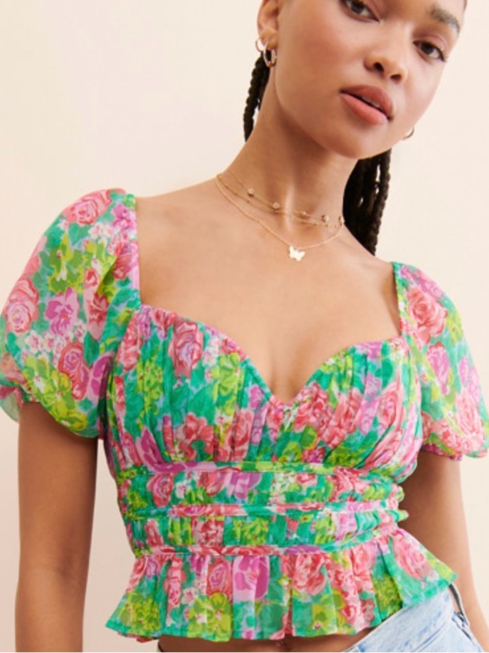 ASTR the Label Leigh Floral Puff Sleeve Crop Top women’s medium